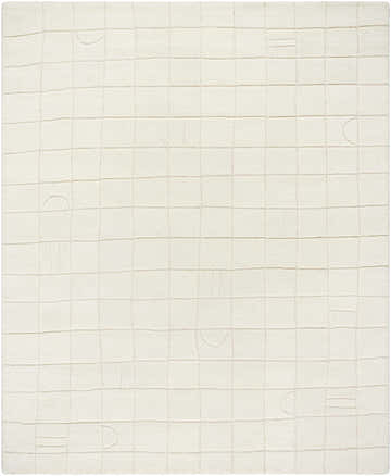 Close-up of the Tuuka Silver Beige Area Rug. Hand-tufted wool rug with a contemporary grid and abstract line design. Design-Rectangle-810