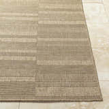 Close-up of the Thana Brown Area Rug showing its camel, tan, and prairie dust woven stripe design. Front