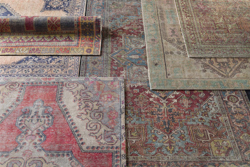 Close-up of various Rickinghall Peach&Sage Medallion Beige Rugs showing patterns and colors. Clearance. Styleshot