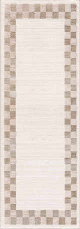 Close-up of Azrika Beige Checkered Washable Rug. Neutral rug with a brown checkered border. Geometric, machine woven design. Design-Runner-2773