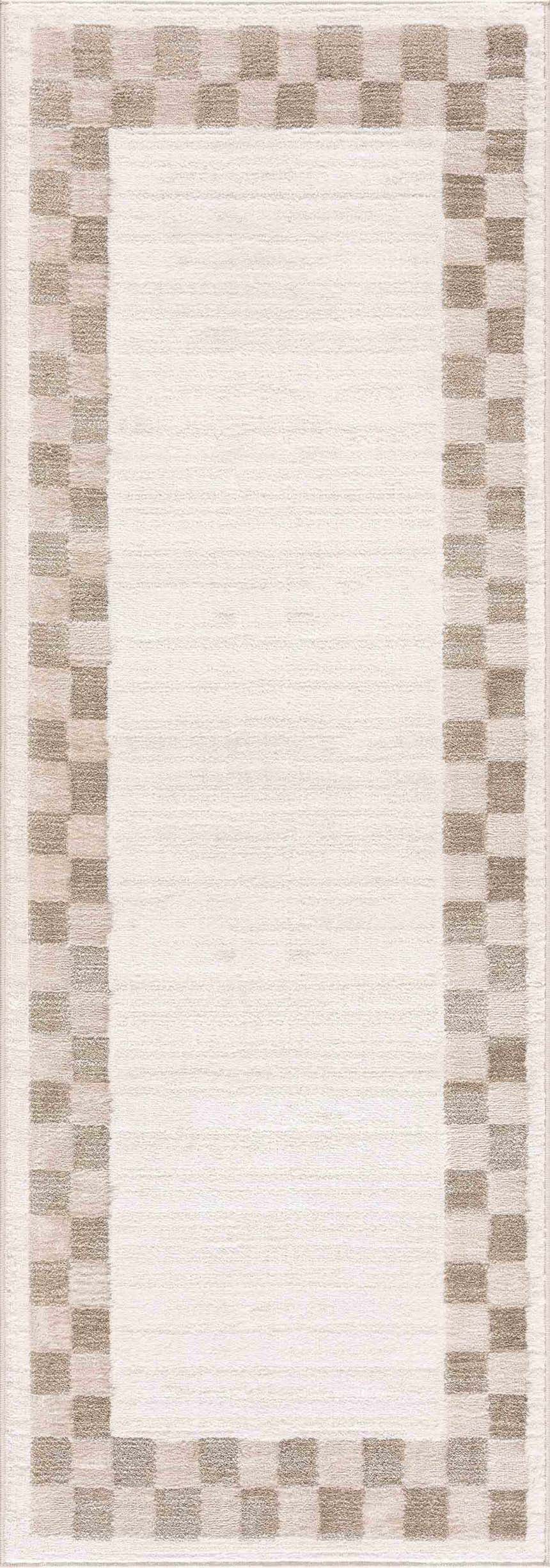 Close-up of Azrika Beige Checkered Washable Rug. Neutral rug with a brown checkered border. Geometric, machine woven design. Design-Runner-2773
