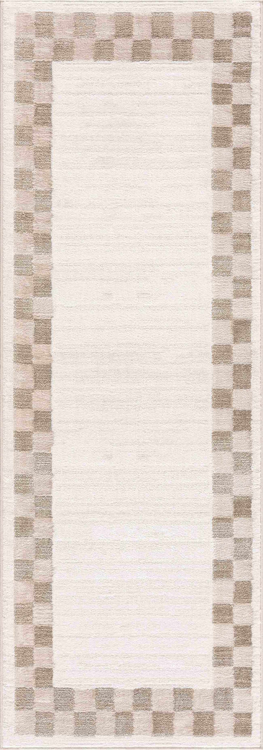 Close-up of Azrika Beige Checkered Washable Rug. Neutral rug with a brown checkered border. Geometric, machine woven design. Design-Runner-2773