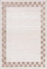 Close-up of Azrika Beige Checkered Washable Rug. Features a checkered border in beige, dark, and medium brown tones. Design-Rectangle-5373