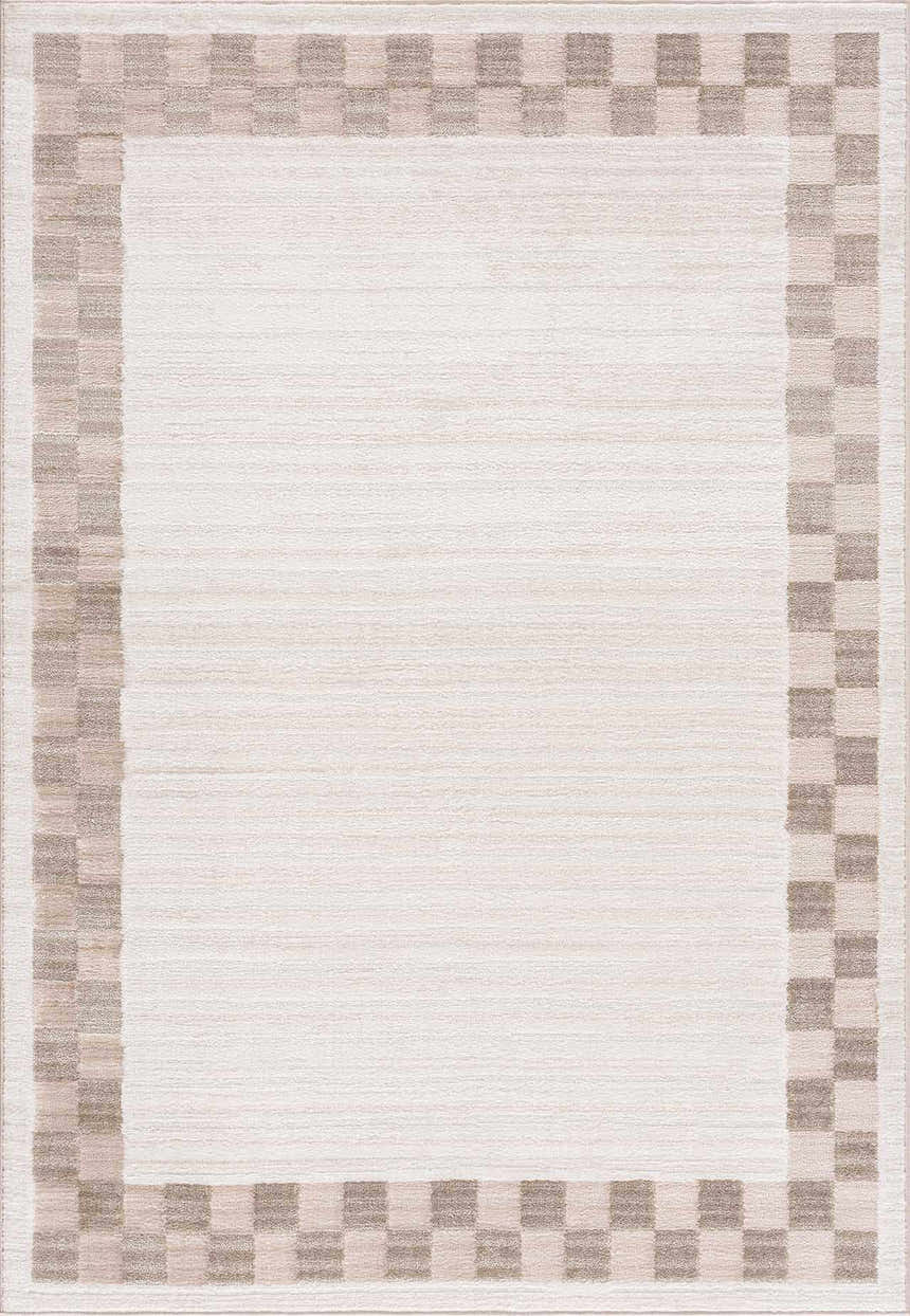 Close-up of Azrika Beige Checkered Washable Rug. Features a checkered border in beige, dark, and medium brown tones. Design-Rectangle-5373