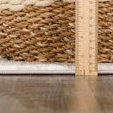 Close-up of the Azrika Beige Checkered Washable Rug showing the pile height and texture next to a measuring ruler. Pile