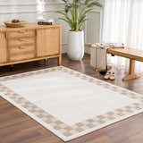 Entryway with Azrika Beige Checkered Washable Rug, light wood furniture, and a potted plant for a bright, welcoming feel. Roomscene-Rectangle