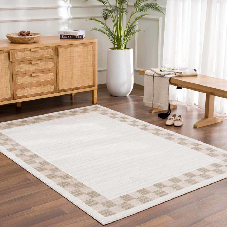 Entryway with Azrika Beige Checkered Washable Rug, light wood furniture, and a potted plant for a bright, welcoming feel. Roomscene-Rectangle