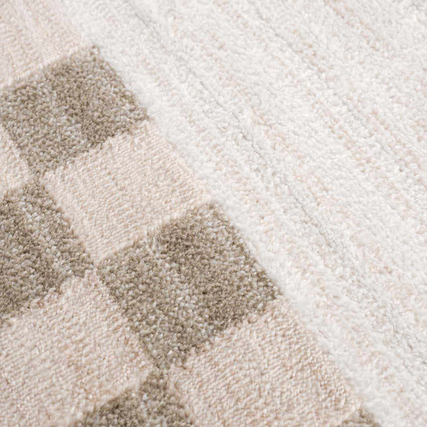 Close-up of the Azrika Beige Checkered Washable Rug showing its soft texture and geometric pattern in beige and brown. Texture