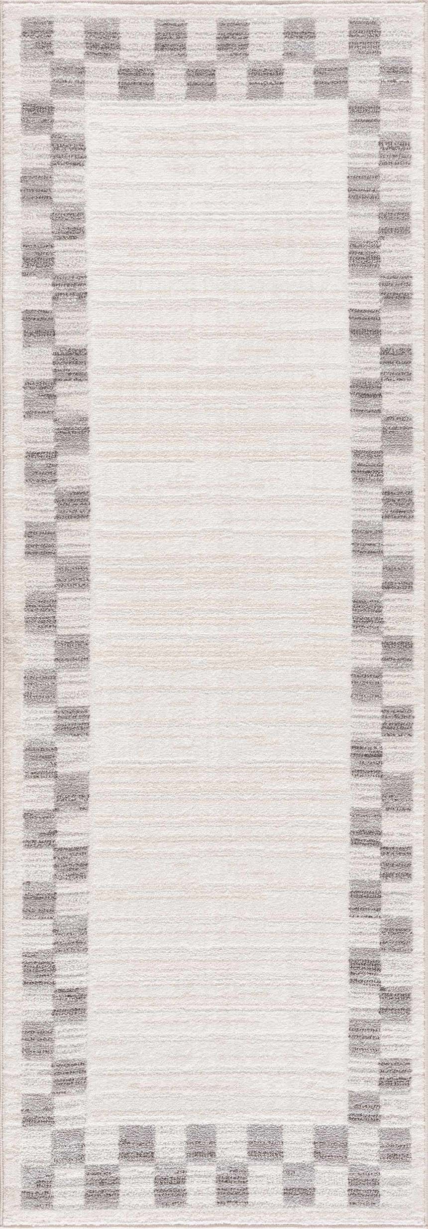 Close-up of the Azrika Gray Checkered Washable Rug, featuring a geometric checkered border and beige center. Design-Runner-2773