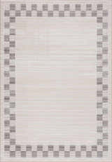 Close-up of the Azrika Gray Checkered Washable Rug. Beige rug with a gray checkered border and subtle geometric pattern. Design-Rectangle-5373