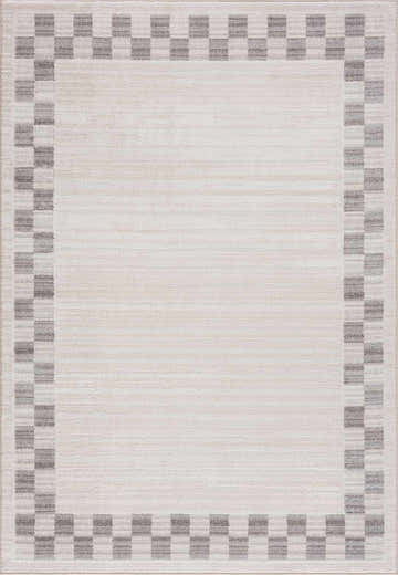 Close-up of the Azrika Gray Checkered Washable Rug. Beige rug with a gray checkered border and subtle geometric pattern. Design-Rectangle-5373