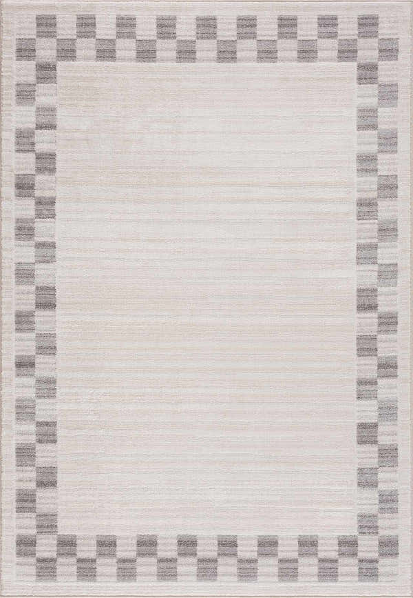 Close-up of the Azrika Gray Checkered Washable Rug. Beige rug with a gray checkered border and subtle geometric pattern. Design-Rectangle-5373