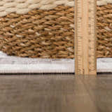 Close-up of Azrika Gray Checkered Washable Rug showing the pile height with a ruler and a woven basket in the background. Pile