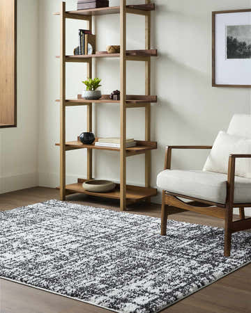 Living room scene with a modern Anisha Black Area Rug, wood shelving unit, and armchair. Roomscene-Rectangle