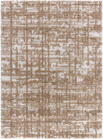 Close-up of the Anisha Brown Area Rug, a shag rug with a tan and white geometric pattern. Design-Rectangle-537