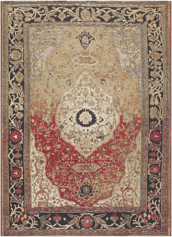 Traditional Vonda Area Rug with crimson, charcoal, gold, and ivory floral pattern and black border. Design-Rectangle-537