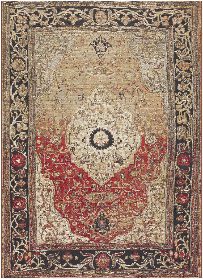 Traditional Vonda Area Rug with crimson, charcoal, gold, and ivory floral pattern and black border. Design-Rectangle-537