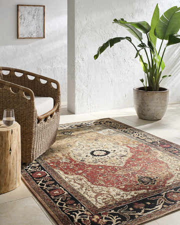 Light room scene with a crimson and ivory Vonda Area Rug, wicker chair, wood side table, and potted plant. Roomscene-Rectangle