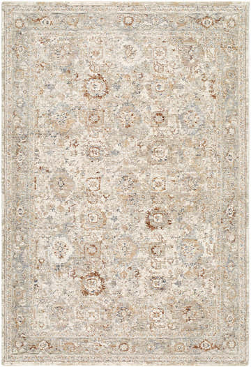 Close-up of the Vidar Gray Area Rug. Traditional style with ivory, rust, sandstone, slate blue, and taupe colors. Design-Rectangle-6796