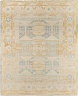 Close-up of a hand-knotted Villareal Area Rug. Cream wool rug with traditional Oriental design in dusty pink, ice blue, and mustard. Design-Rectangle-810