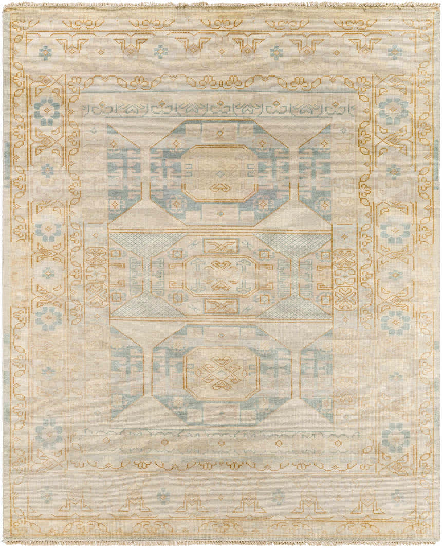 Close-up of a hand-knotted Villareal Area Rug. Cream wool rug with traditional Oriental design in dusty pink, ice blue, and mustard. Design-Rectangle-810
