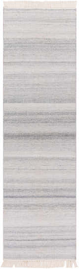 Close-up of the hand woven Villasis Area Rug. Gray, light beige, and off white recycled PET yarn create a contemporary striped pattern. Design-Runner-268