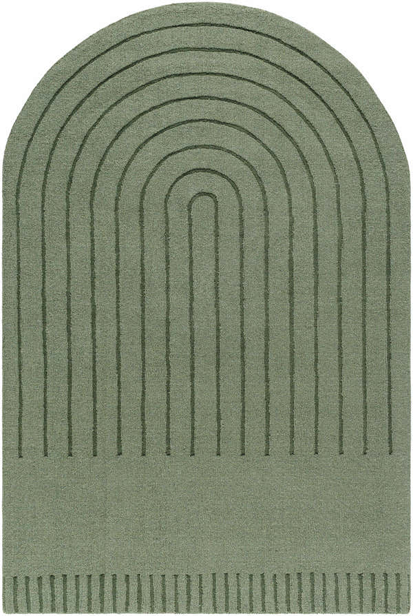 Close-up of the hand-loomed Arnona Green Area Rug, featuring a contemporary arch and line design. 100% Wool. Design-Custom