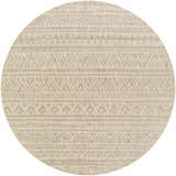 Close-up of round Vanderhoof Indoor/Outdoor Rug. Mocha and light peach geometric pattern. Bohemian style. Design-Round-710