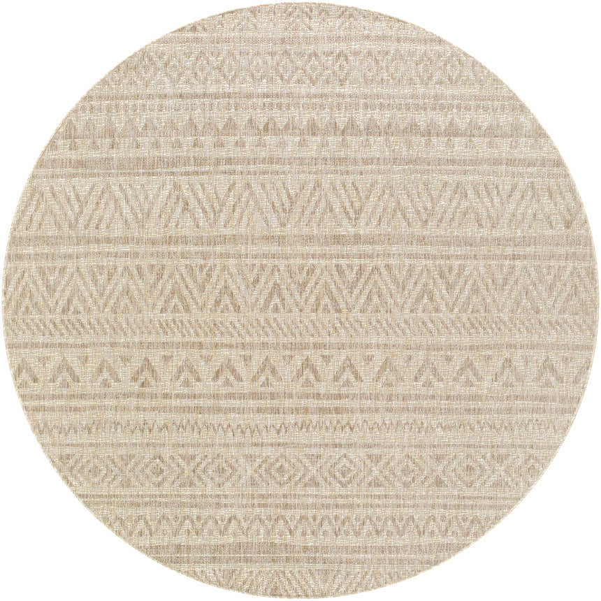 Close-up of round Vanderhoof Indoor/Outdoor Rug. Mocha and light peach geometric pattern. Bohemian style. Design-Round-710