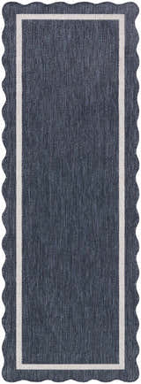 Close-up of Varro Navy Area Rug, a farmhouse style runner with cream border and scalloped edge. Design-Runner-2773