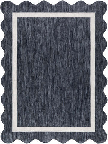 Close-up of the Varro Navy Area Rug showing the navy color, cream border, machine woven texture, and wavy edge. Design-Rectangle-537