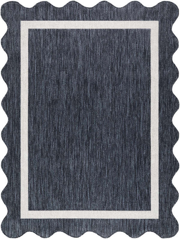 Close-up of the Varro Navy Area Rug showing the navy color, cream border, machine woven texture, and wavy edge. Design-Rectangle-537