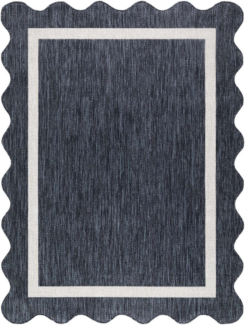 Close-up of the Varro Navy Area Rug showing the navy color, cream border, machine woven texture, and wavy edge. Design-Rectangle-537