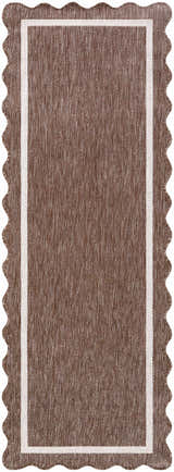 Close-up of the Varro Dark Brown Area Rug. Features a cream border and a unique scalloped edge. Traditional style. Design-Runner-2773