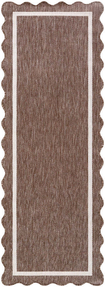 Close-up of the Varro Dark Brown Area Rug. Features a cream border and a unique scalloped edge. Traditional style. Design-Runner-2773