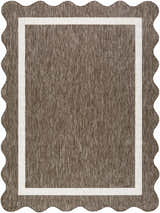 Close-up of the Varro Dark Brown Area Rug. Farmhouse style rug with cream border and scalloped edge. Design-Rectangle-537