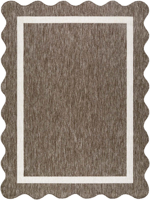 Close-up of the Varro Dark Brown Area Rug. Farmhouse style rug with cream border and scalloped edge. Design-Rectangle-537