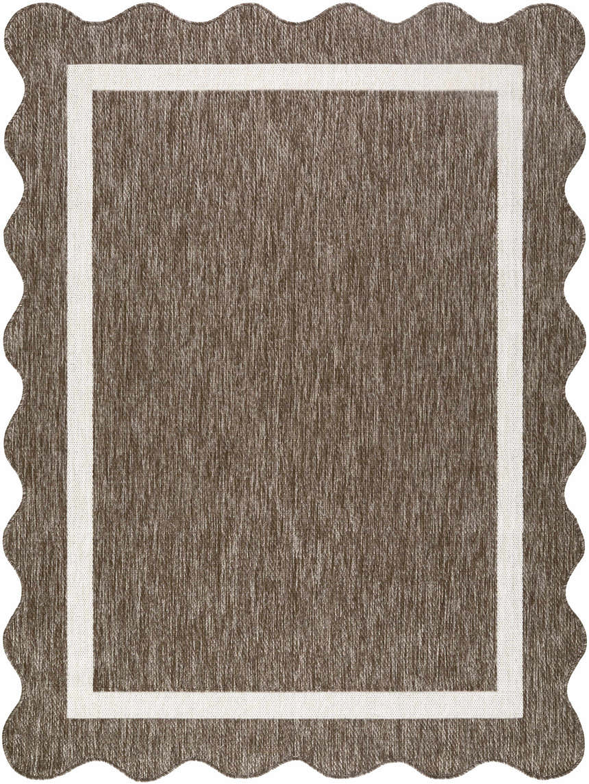 Close-up of the Varro Dark Brown Area Rug. Farmhouse style rug with cream border and scalloped edge. Design-Rectangle-537