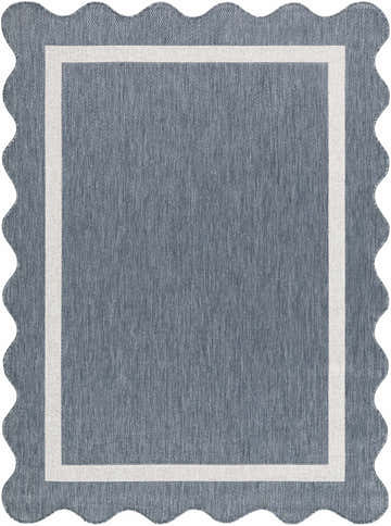 Close-up of the Varro Blue Area Rug showing its blue color, cream border, and scalloped edge. Design-Rectangle-537