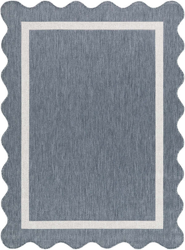 Close-up of the Varro Blue Area Rug showing its blue color, cream border, and scalloped edge. Design-Rectangle-537