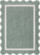 Close-up of Varro Medium Green Area Rug. Farmhouse style rug with cream border and scalloped edge. Machine woven texture. Design-Rectangle-537
