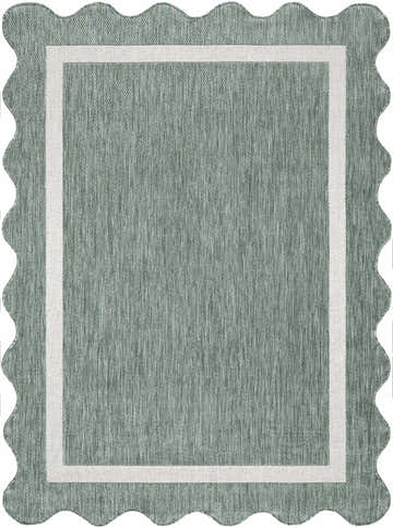 Close-up of Varro Medium Green Area Rug. Farmhouse style rug with cream border and scalloped edge. Machine woven texture. Design-Rectangle-537