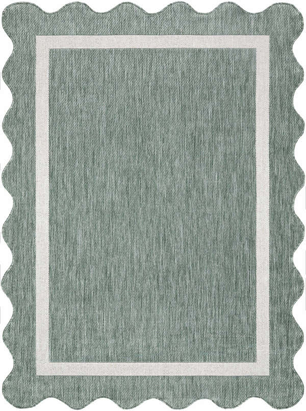 Close-up of Varro Medium Green Area Rug. Farmhouse style rug with cream border and scalloped edge. Machine woven texture. Design-Rectangle-537