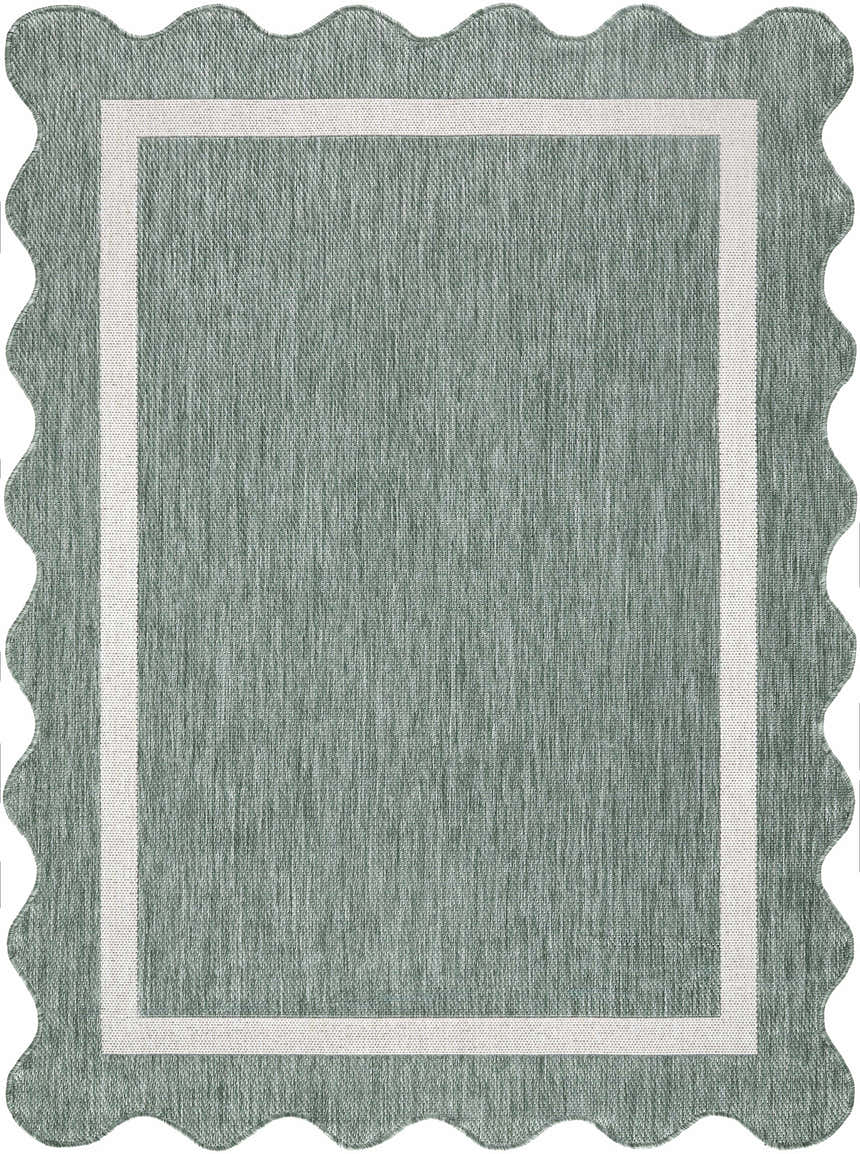 Close-up of Varro Medium Green Area Rug. Farmhouse style rug with cream border and scalloped edge. Machine woven texture. Design-Rectangle-537