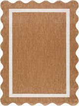 Close-up of the Varro Rust Area Rug. Machine-woven polypropylene rug with cream border and scalloped edge. Rust color. Design-Rectangle-537