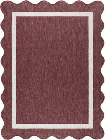 Close-up of the Varro Burgundy Area Rug showing its woven texture, cream border, and scalloped edge. Design-Rectangle-537