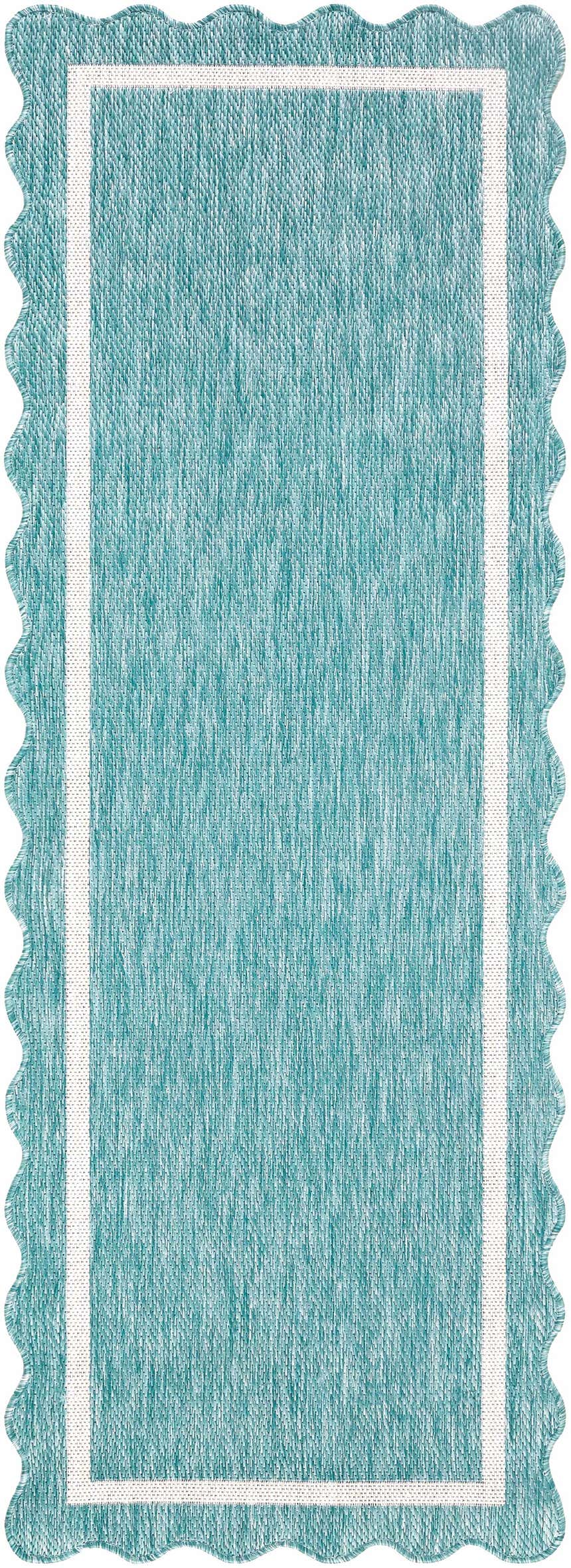 Close-up of the Varro Aqua Area Rug. Aqua rug with a cream border and a unique scalloped edge. Design-Runner-2773