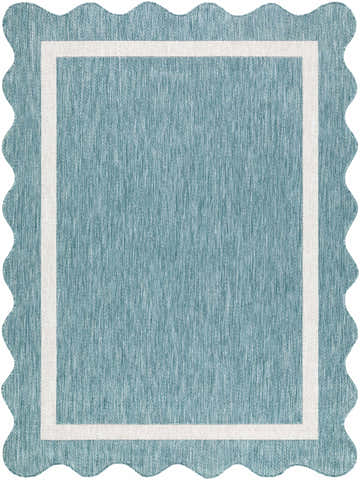 Close-up of the Varro Aqua Area Rug, showing the aqua color, cream border, woven texture, and scalloped edge. Design-Rectangle-537