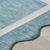 Close-up of Varro Aqua Area Rug showing aqua and cream colors, woven texture, and scalloped edge. Texture
