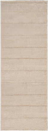 Close-up of a Cascade Brown Area Rug. Light brown, machine woven polyester rug with subtle horizontal stripe pattern. Design-Runner-2773